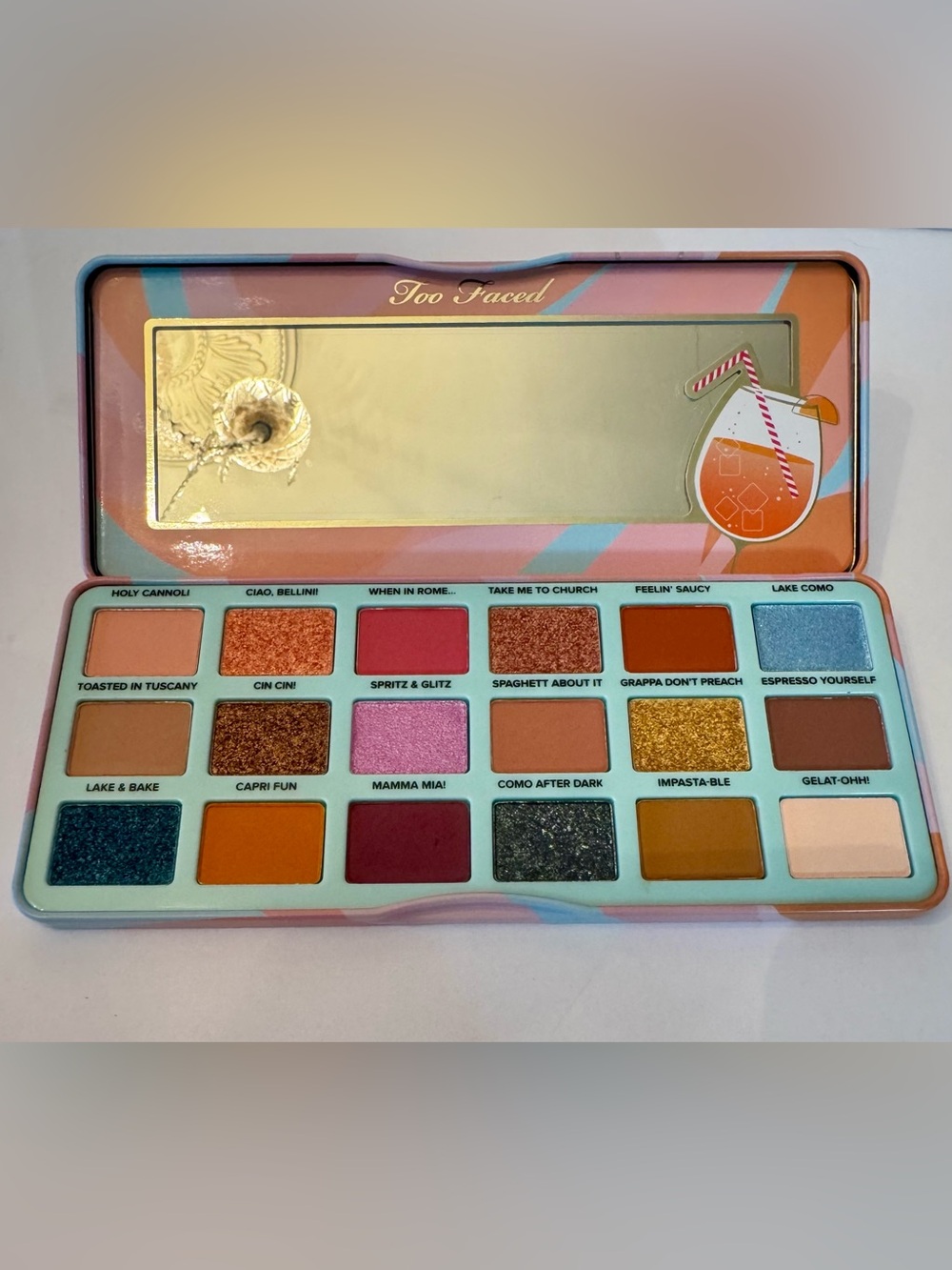 Too Faced Italian Spritz Palette — Coral, Pink, Blue & Gold Shades
